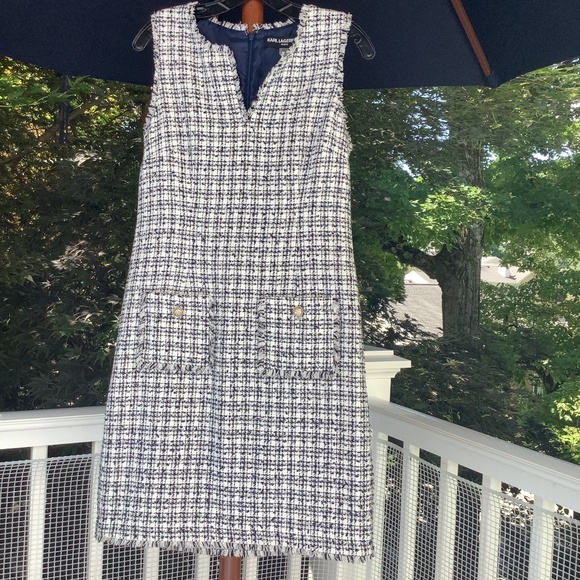 Karl Lagerfeld Paris Sleeveless Tonal Tweed Pocket Sheath dress, Size 10 - Picture 5 of 8